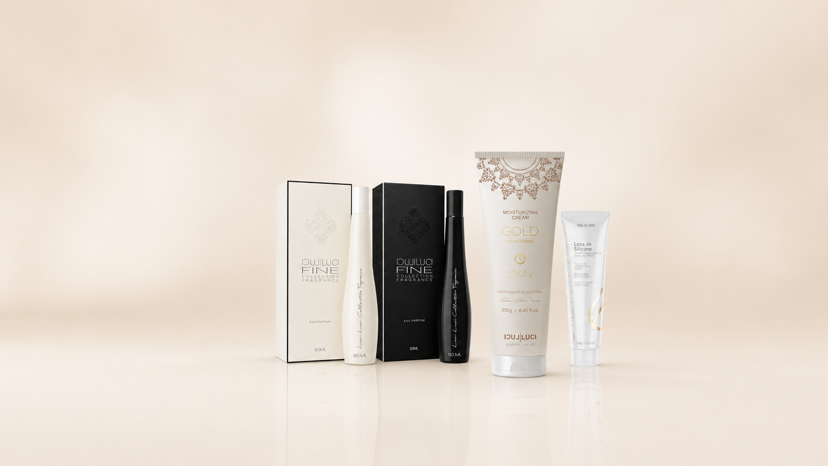 Perfumes Luci Luci Fine Collection em embalagens branca e preta
